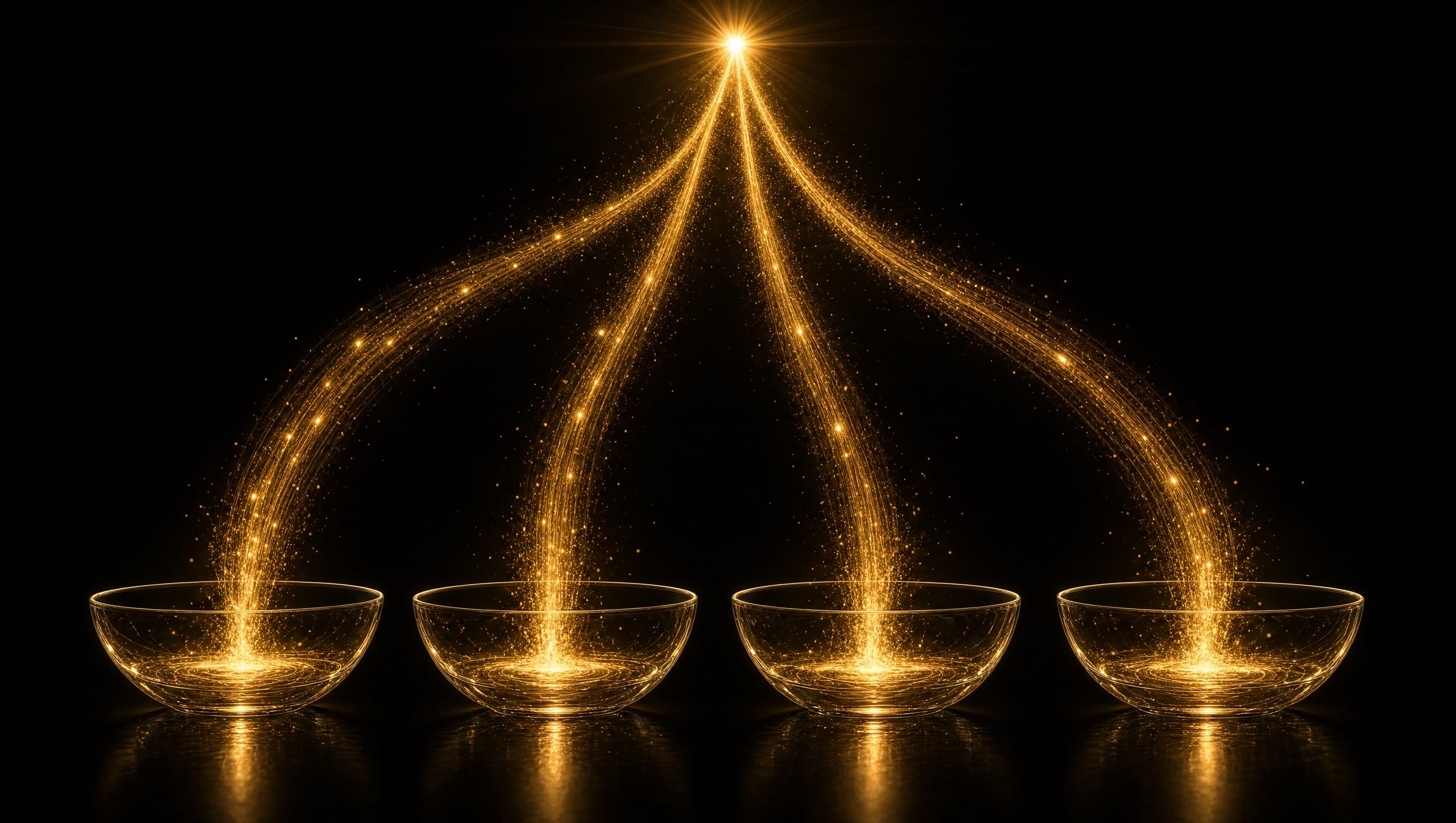 Vier goldene Ströme fließen aus einer Quelle in getrennte Kanäle auf schwarzem Grund: Sinnbild für die Absicherungs-Strategie gegen Zero-Click, eigene Liste, Paid, Multi-Surface und Messung statt Abhängigkeit von einer Traffic-Quelle