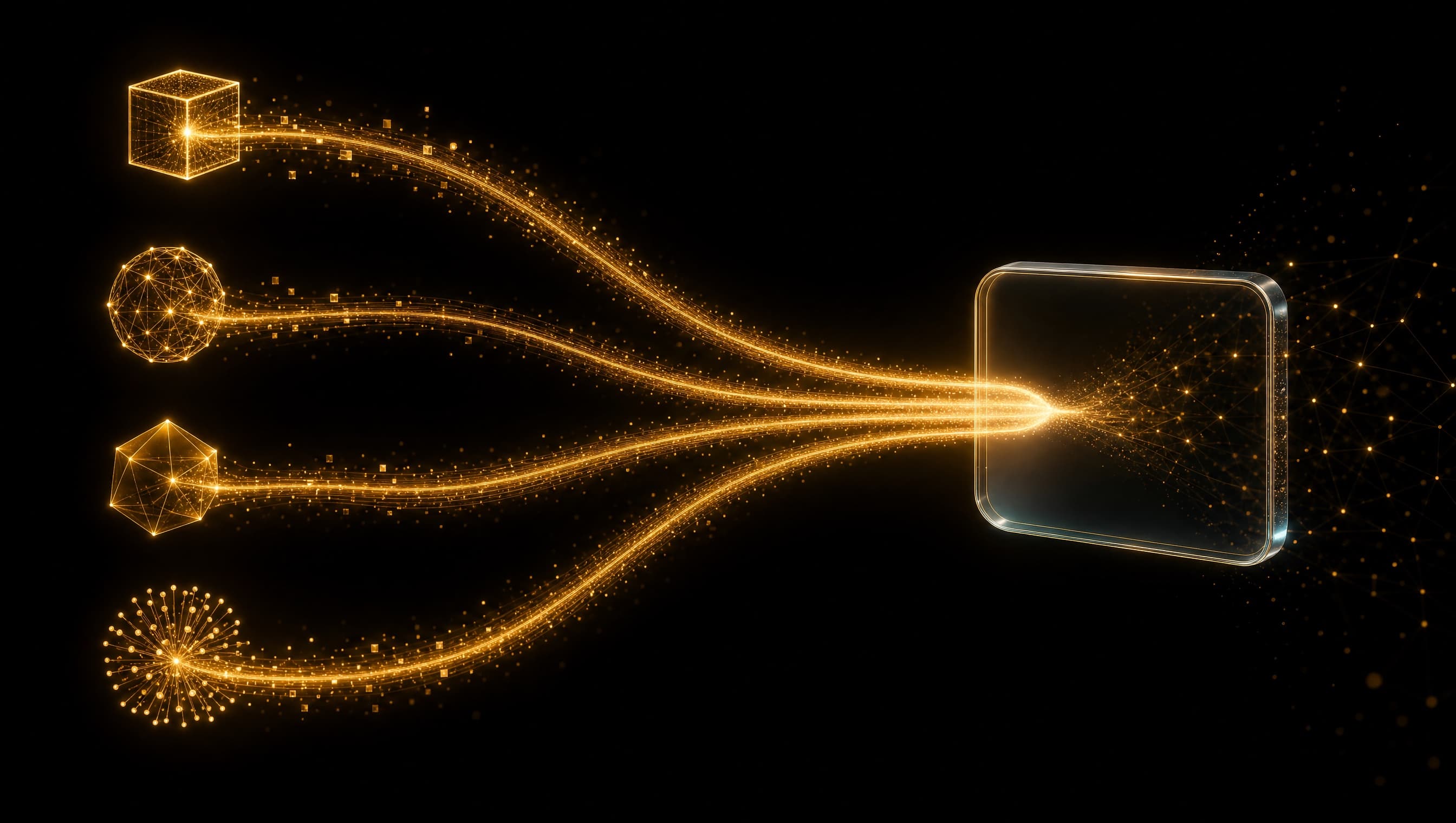 Referrer-Spuren von ChatGPT, Perplexity, Gemini und Copilot als goldene Signalpfade, die auf eine einzelne Website zulaufen