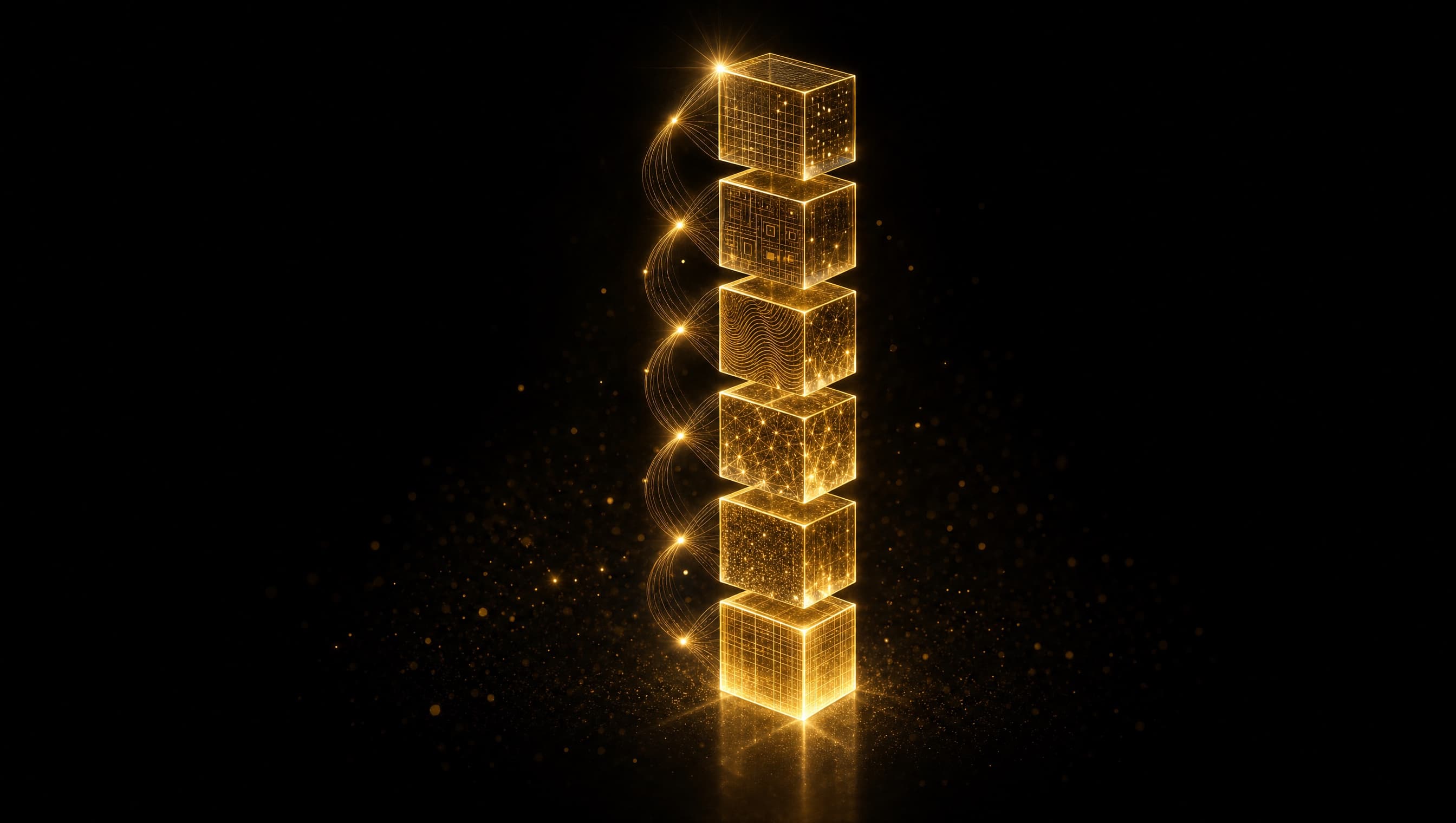 Sechs goldene Bausteine stapeln sich zu einer klaren Struktur: die Bestandteile eines Answer-First-Textes von der Definition bis zum FAQ-Block