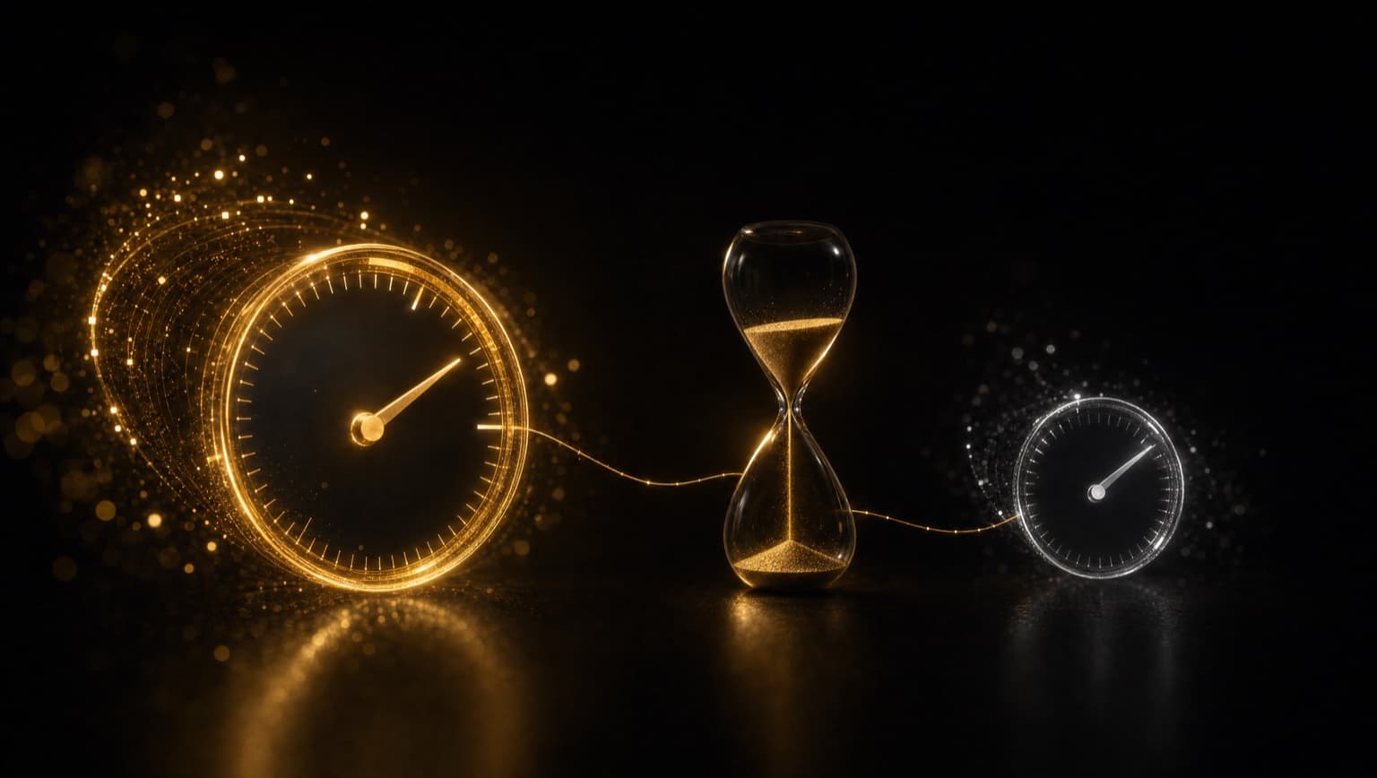 Ein großer goldener Zähler und ein kleiner weißer, dazwischen eine Sanduhr: Dashboard und eigene Messung zeigen nie dieselbe Zahl, und Conversions kommen mit Verzug