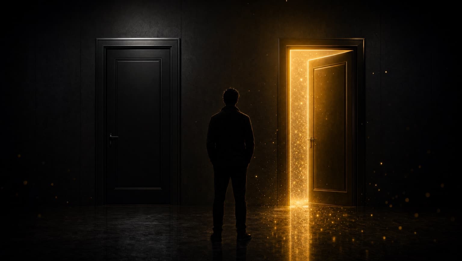 Eine Person vor zwei Türen, eine leuchtet golden und steht offen, die andere ist geschlossen: ob ChatGPT Ads zu deinem Angebot passen, entscheidet sich vor dem ersten Euro