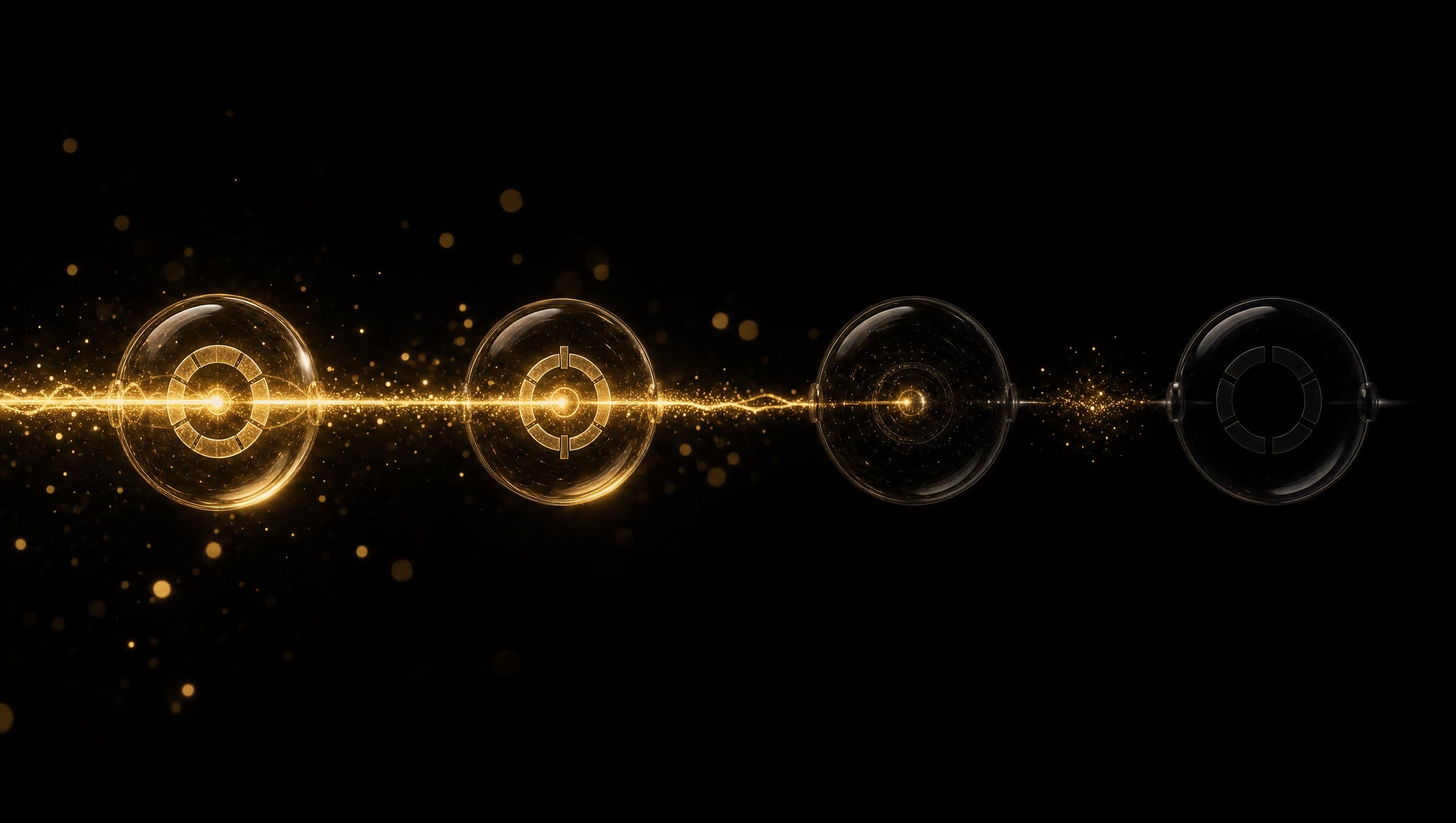 Google Ads Conversion Tracking: eine goldene Signalkette läuft durch vier Messpunkte, zwei davon liegen unterbrochen im Dunkeln