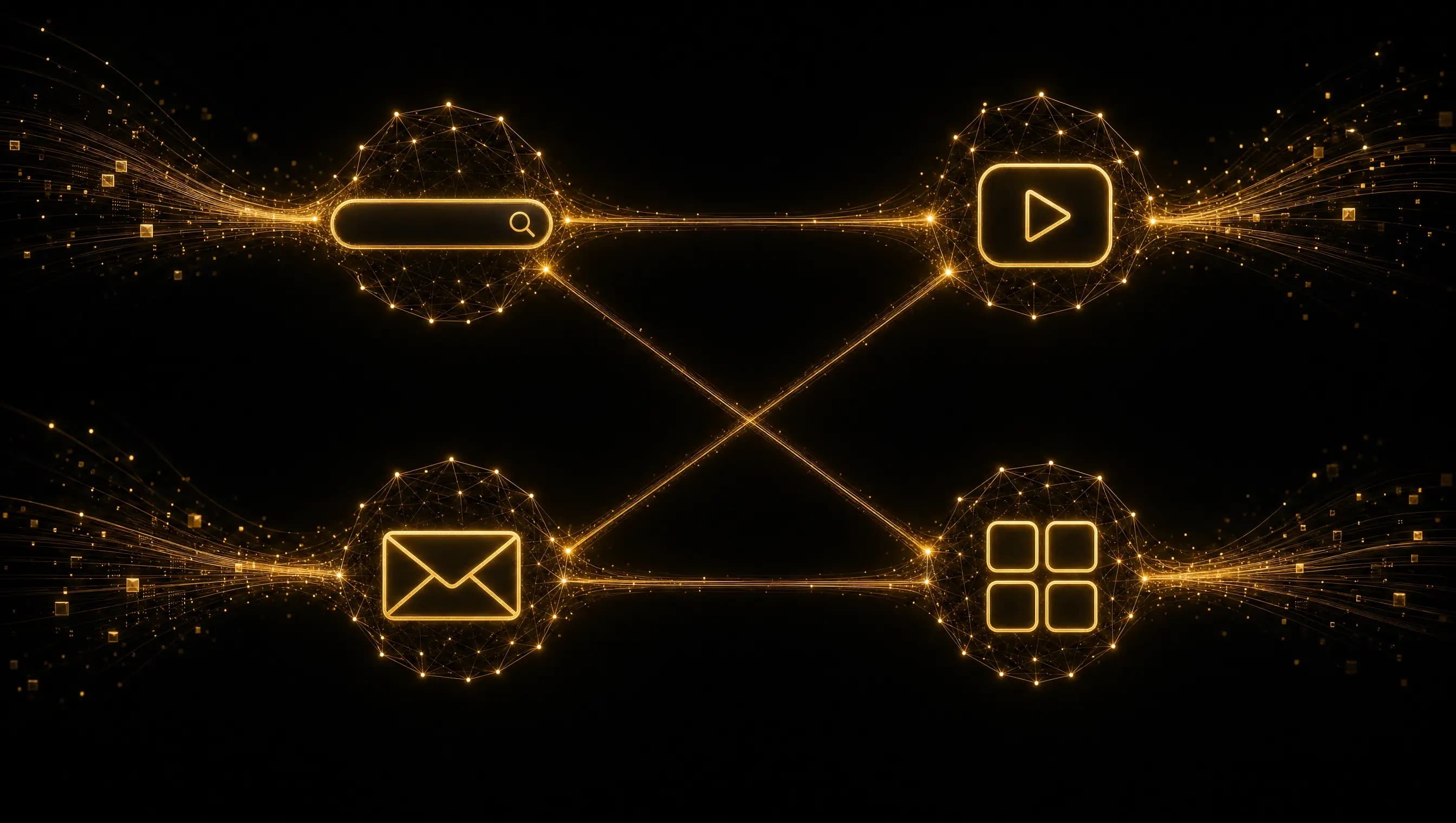 Die vier Google-Ads-Kampagnentypen 2026 als vernetzte Konstellation: Search, Video, Gmail und Display