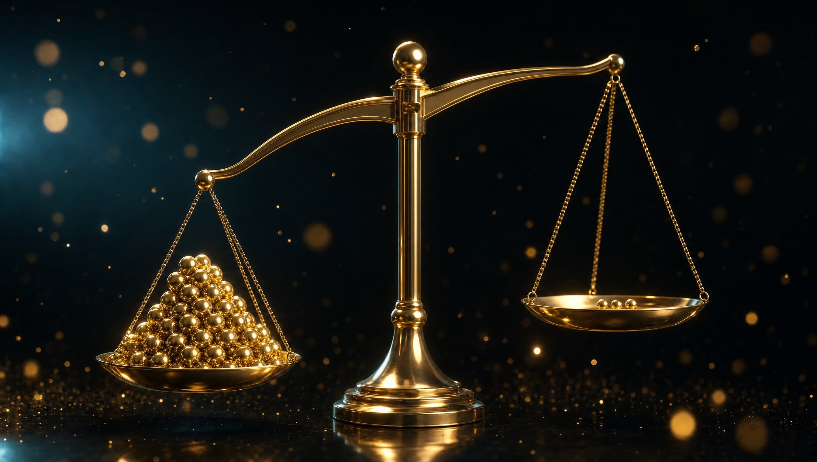 Budget-Mathematik: eine goldene Waage zwischen Klickpreis und Tagesbudget vor dunklem Hintergrund