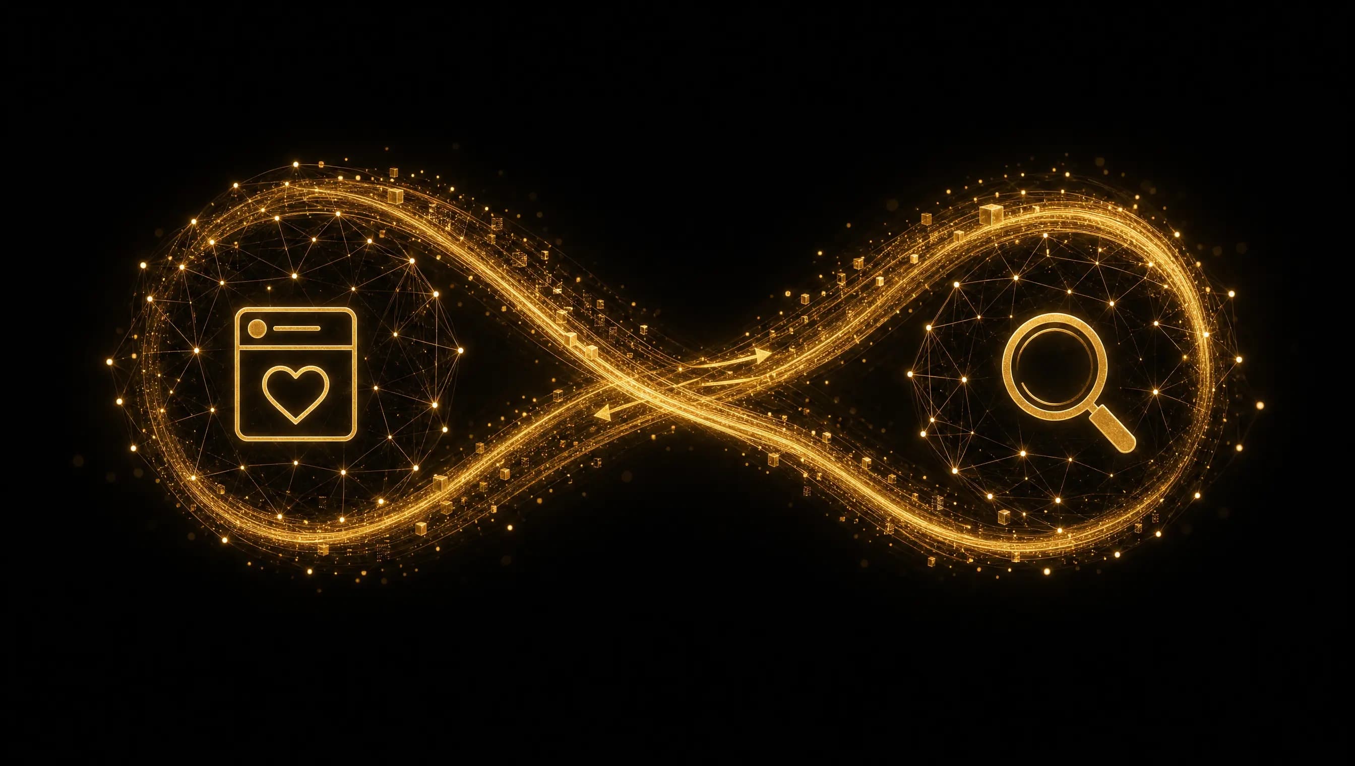 Google und Meta als ein System: Social Feed und Suche in einer Endlosschleife aus goldenem Licht verbunden