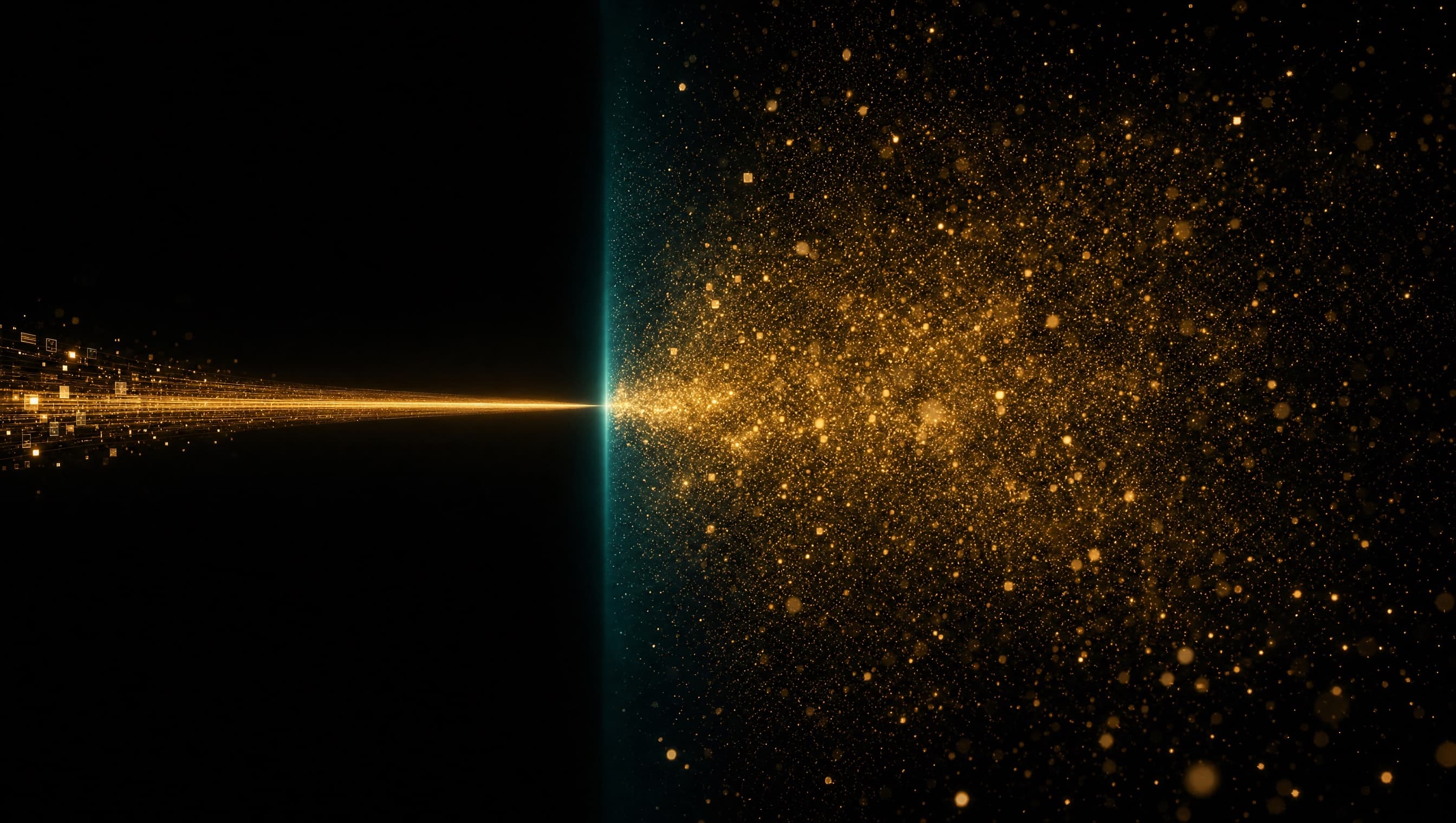 Performance Max oder Search: eine gebündelte goldene Lichtbahn neben einer breit gestreuten Partikelwolke als Bild für Kontrolle gegen Automatisierung