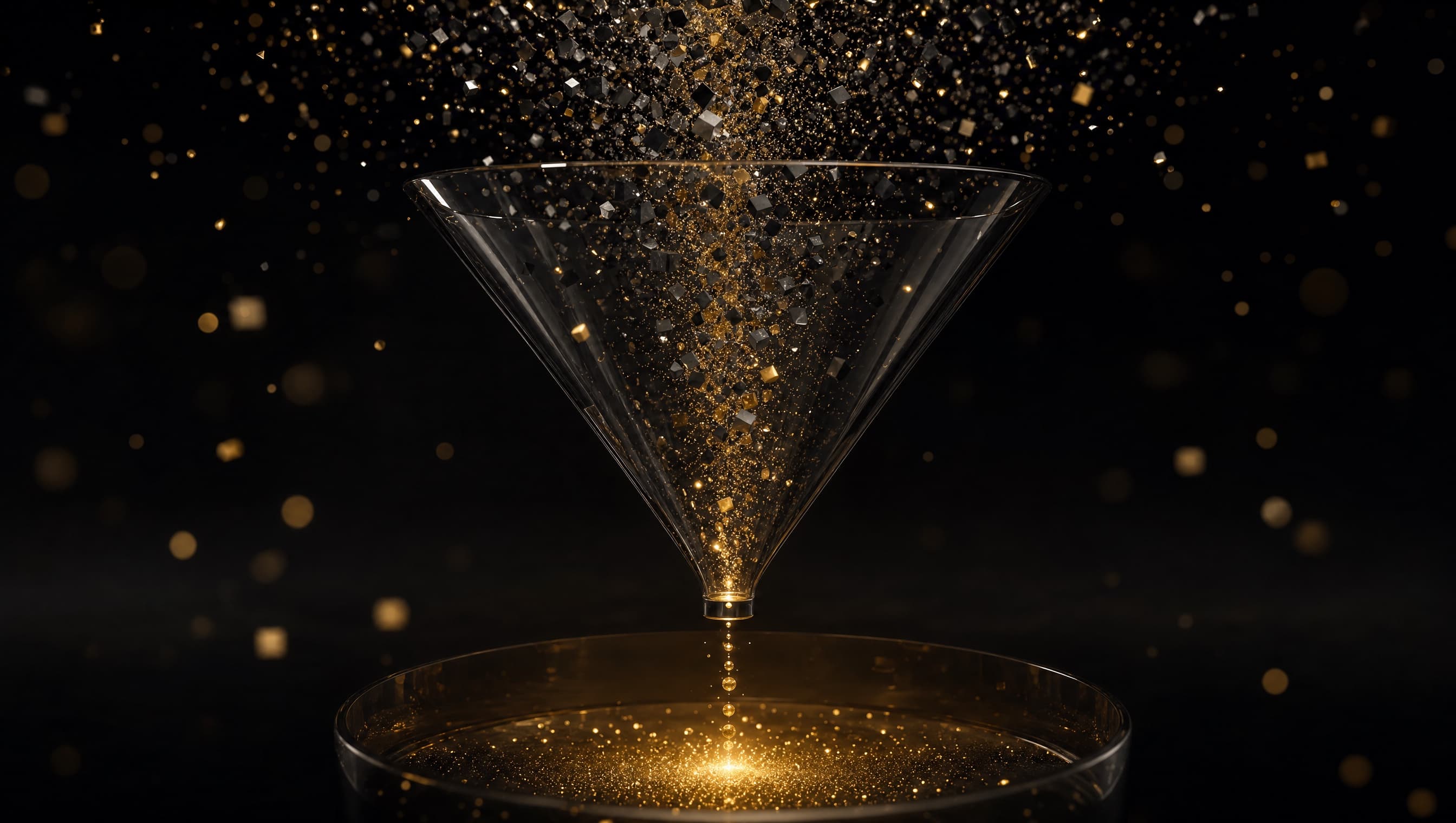 Filter-Prinzip im Recruiting: ein dunkler Glas-Trichter lässt aus einem Strom grauer und goldener Teilchen nur die goldenen durch