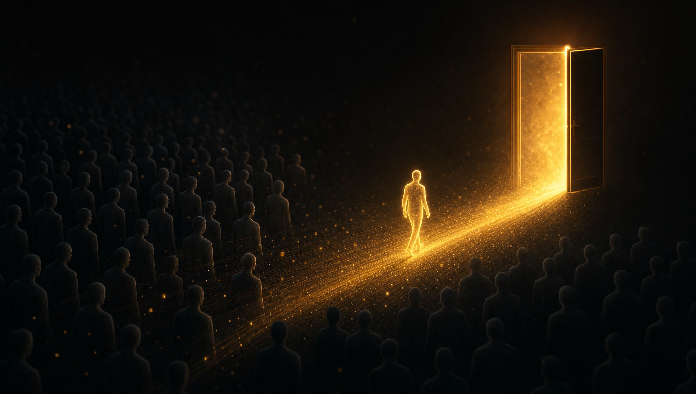 Recruiting mit Google Ads: Ein goldener Suchstrahl zieht eine einzelne leuchtende Silhouette aus einer dunklen Menge heraus, Sinnbild für aktive Job-Suchende