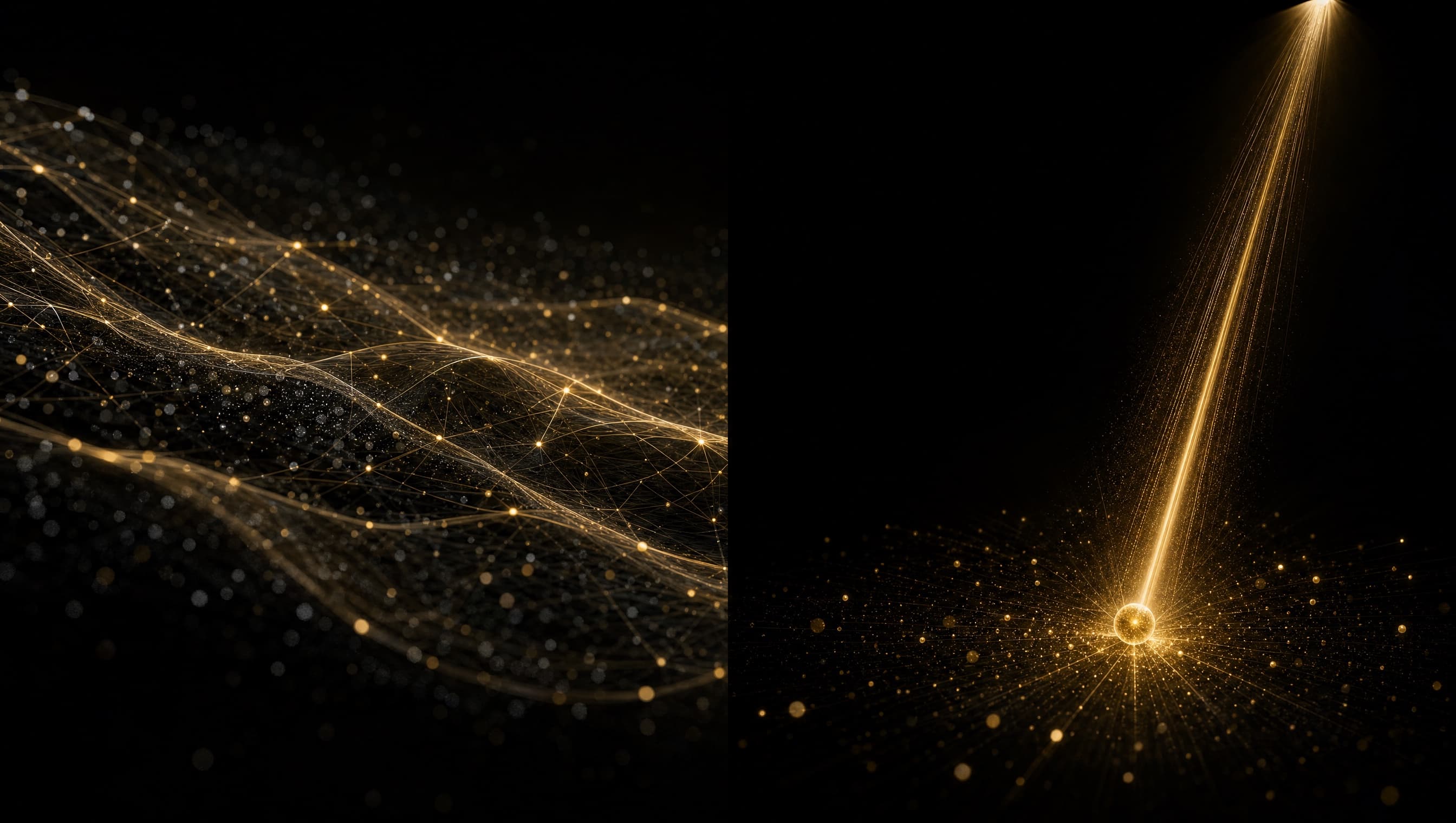 Push und Pull im Recruiting: links ein weit geworfenes Netz aus Licht, rechts ein gebündelter goldener Suchstrahl, der ein einzelnes Teilchen trifft