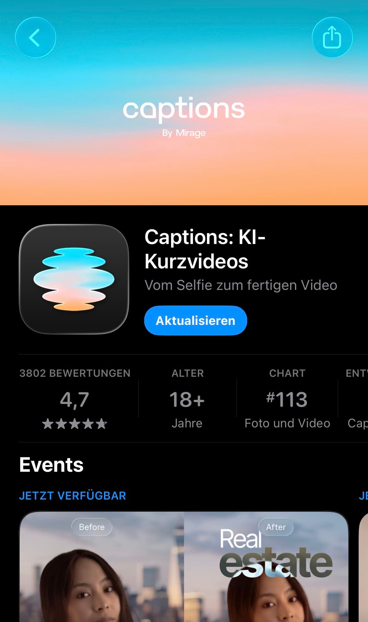 Schritt 1: Captions App im Apple App Store — 4,7 Sterne, 3.802 Bewertungen, Anbieter Mirage