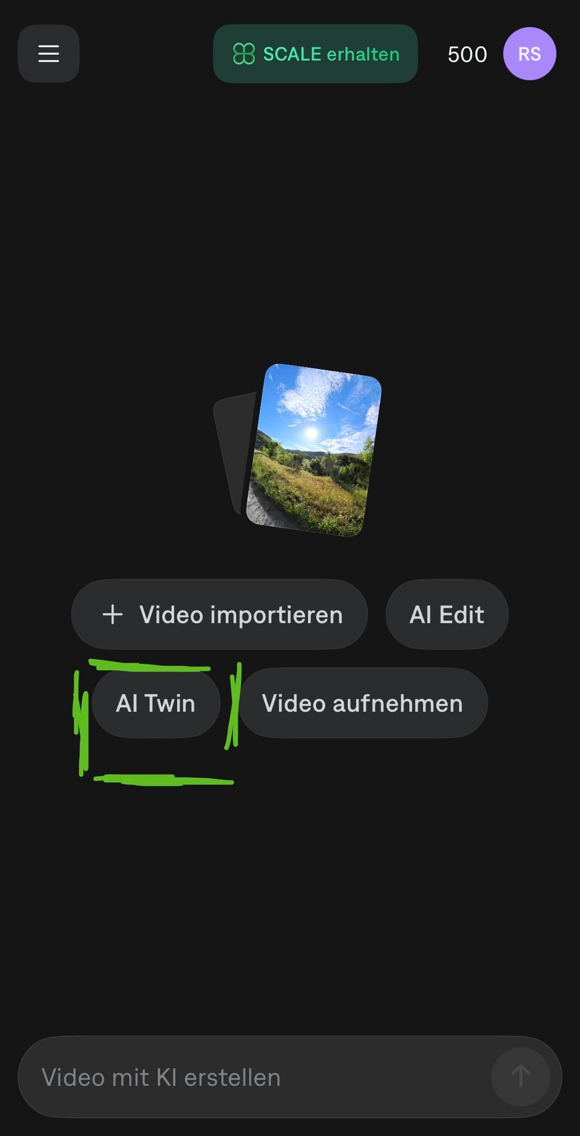 Schritt 2: Captions Startbildschirm — AI Twin Button grün markiert neben AI Edit, Video importieren und Video aufnehmen