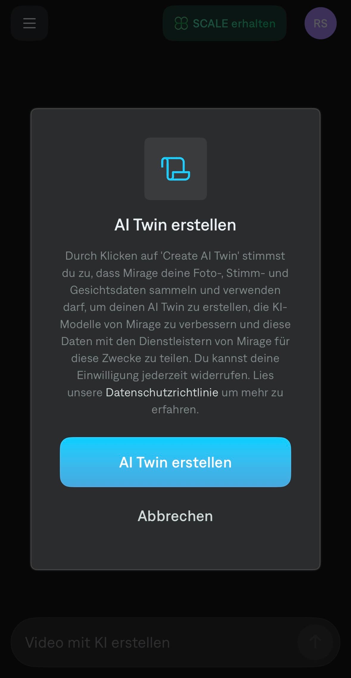 Schritt 3: Captions Datenschutz-Dialog — Mirage fragt Einwilligung für Foto-, Stimm- und Gesichtsdaten zur AI Twin Erstellung