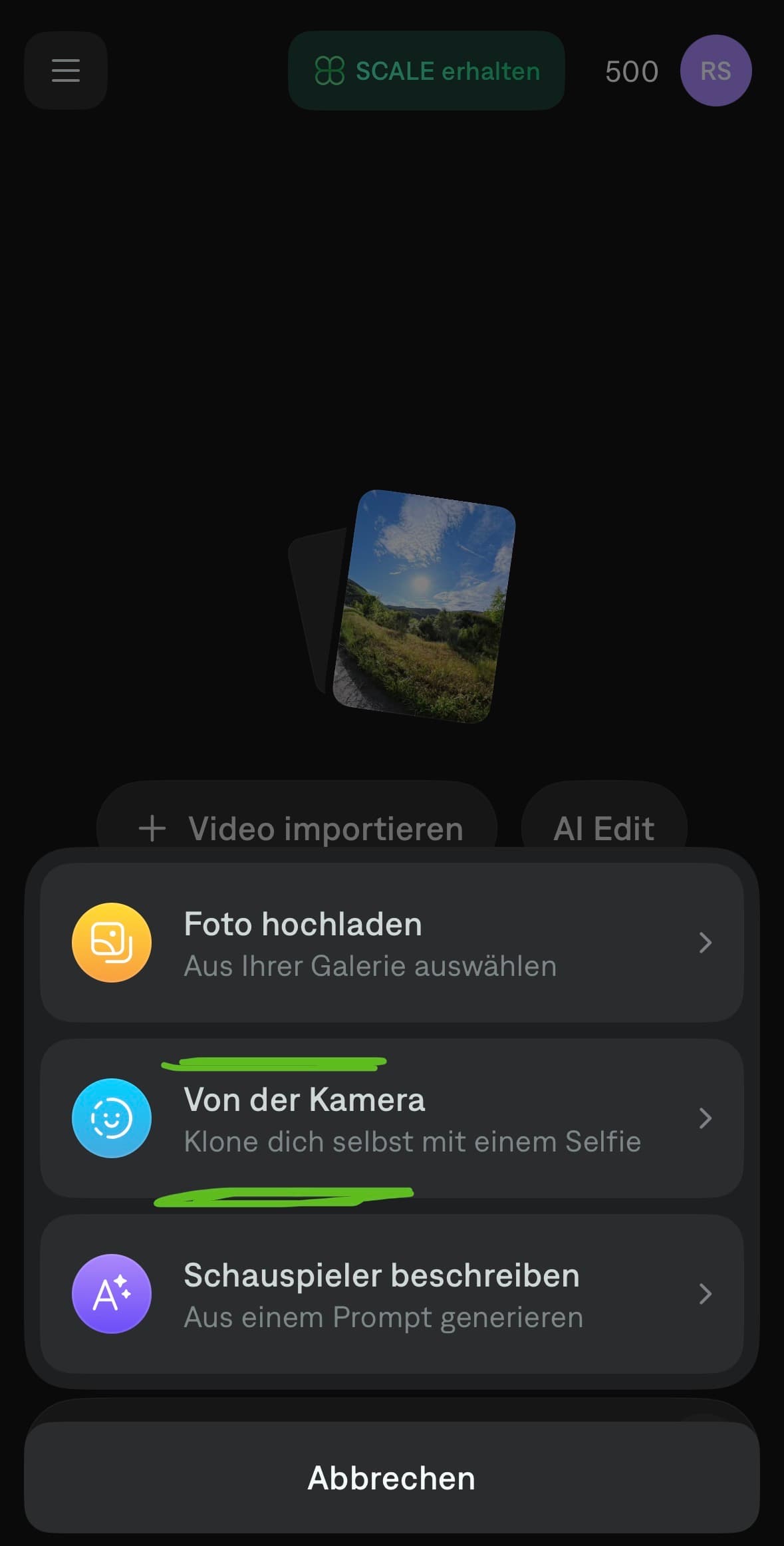 Schritt 4: Captions Quellen-Menü — Foto hochladen, Von der Kamera (markiert) oder Schauspieler beschreiben für eigenen KI-Avatar