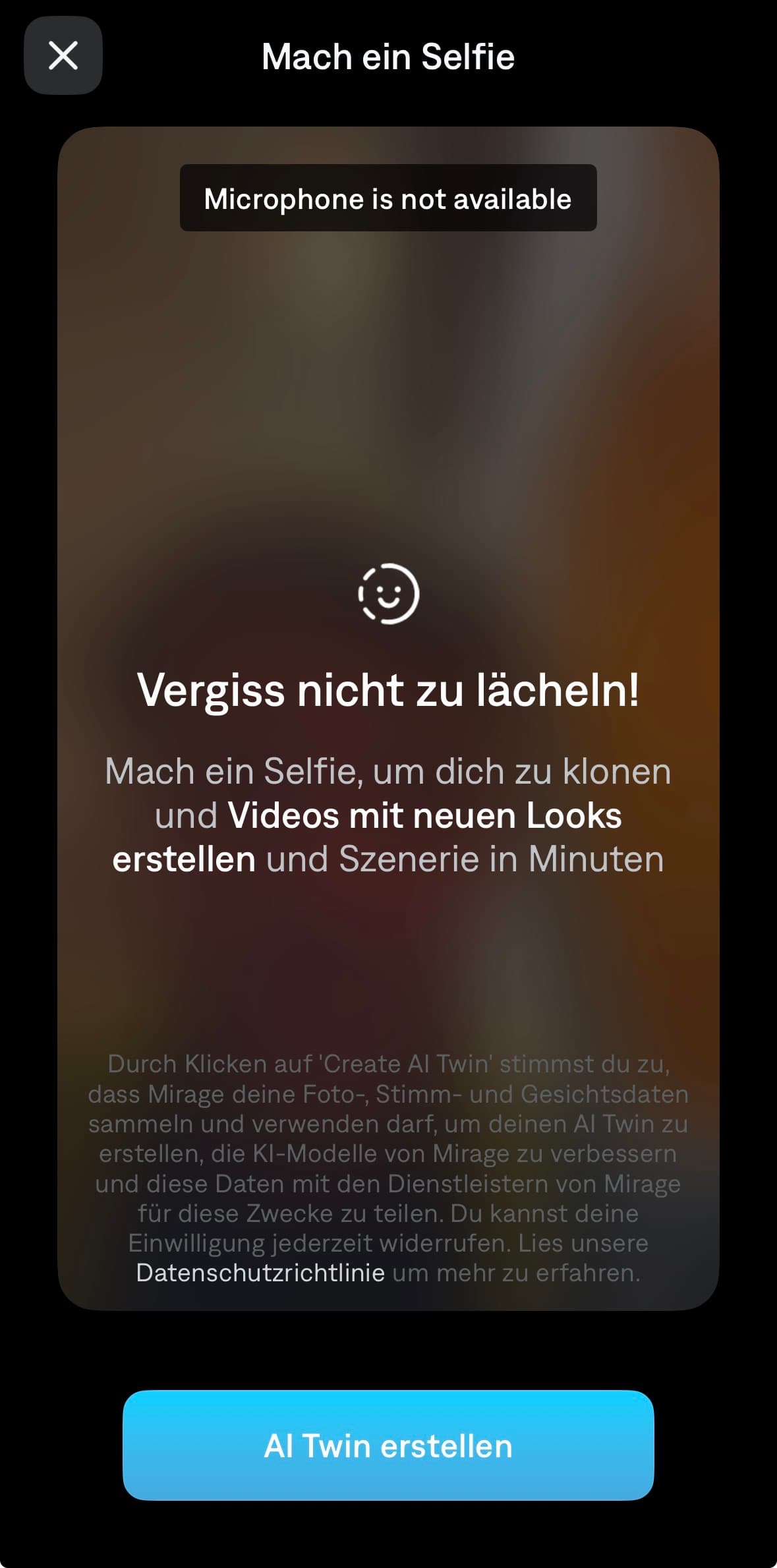 Schritt 5: Captions Selfie-Aufnahme — Face-Scan mit Hinweis Vergiss nicht zu lächeln zum Klonen für deinen digitalen Zwilling