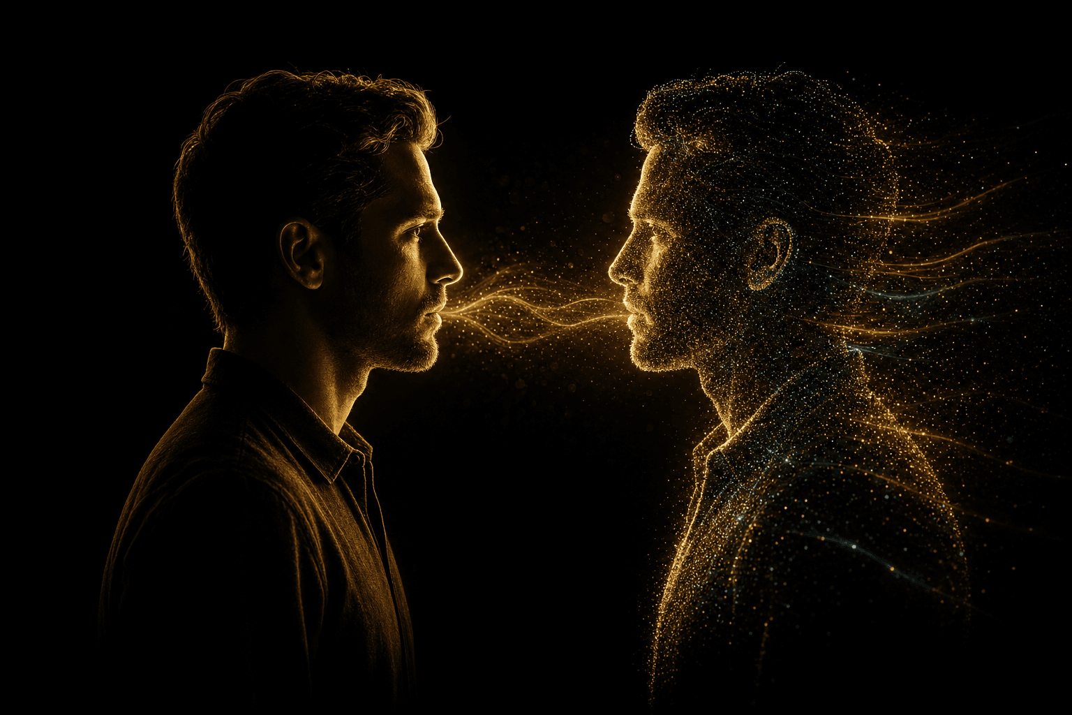 KI-Avatar Tutorial 2026: Echter Mensch links, digitaler Zwilling aus Goldpartikeln rechts — Konzept digitaler Twin per KI