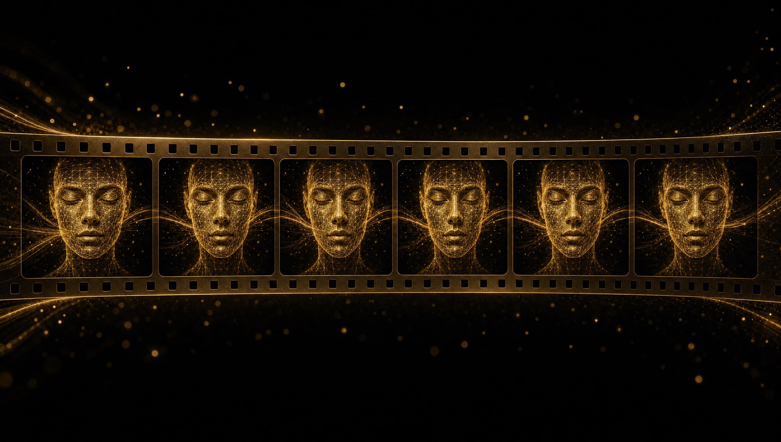 Goldenes Drahtgitter-Gesicht, identisch wiederholt über sechs Filmstreifen-Frames auf schwarzem Grund: die Kernidee des KI-Klons, in jeder Produktion dieselbe Person