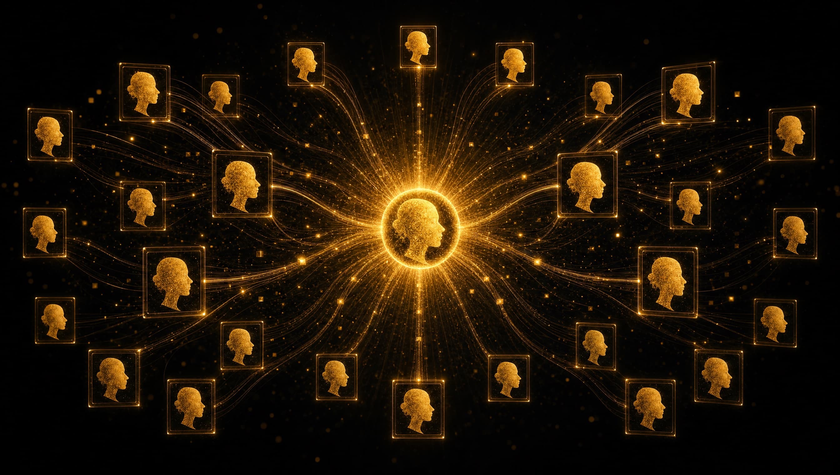 Ein leuchtender goldener Identitäts-Kern, aus dem Lichtfäden zu vielen identischen Gesichts-Frames laufen: der Identity-Lock verbindet jede Produktion mit derselben festen Referenz