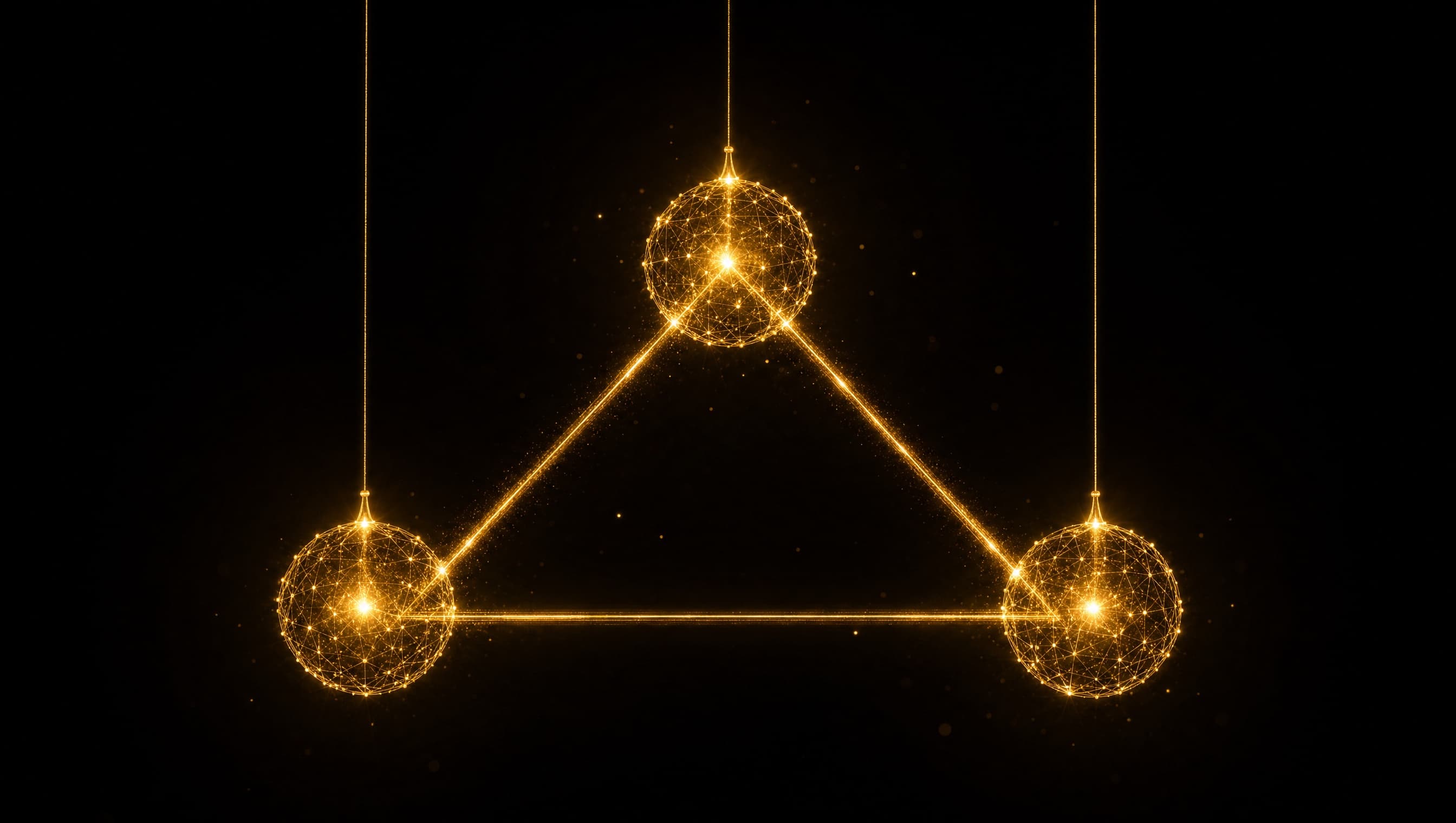 Entity-Graph mit @id-Ankern: drei goldene Knoten für Organisation, Person und Website, durch Lichtlinien eindeutig miteinander verbunden