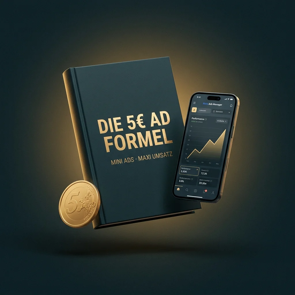 Die 5€ Ad-Formel Mockup: Hardcover-Workbook mit Goldprägung, 5-Euro-Münze und Ads-Manager auf dem Smartphone