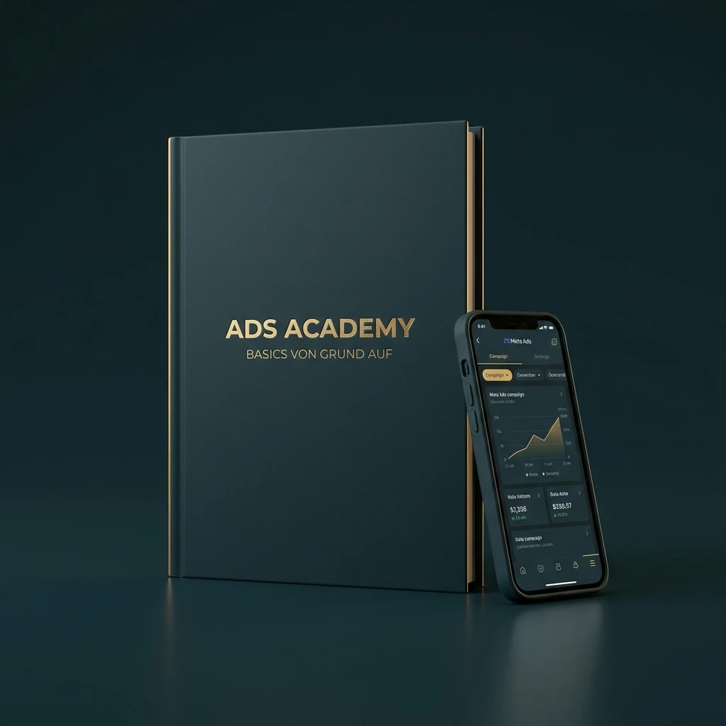 Ads Academy Mockup: Hardcover-Workbook mit Goldprägung auf Dark Petrol, daneben Smartphone mit Meta-Ads-Dashboard und steigendem Gold-Chart