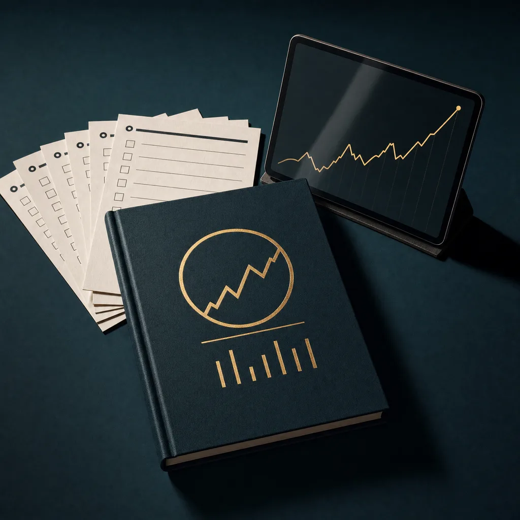 Die ChatGPT-Ads Formel Mockup: Hardcover-Workbook mit Goldprägung auf Dark Petrol, daneben die fünf Arbeitsblätter und ein Tablet mit steigendem Gold-Chart