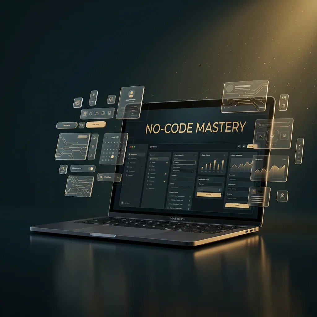 NO-CODE Mastery Mockup: App-Builder mit schwebenden UI-Bausteinen in Petrol und Gold