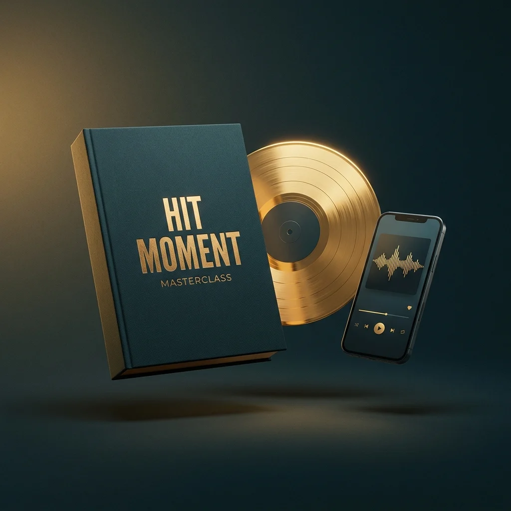 Hit Moment Masterclass Mockup: Kursbox mit Goldprägung, goldene Vinyl und Musik-Player mit Waveform