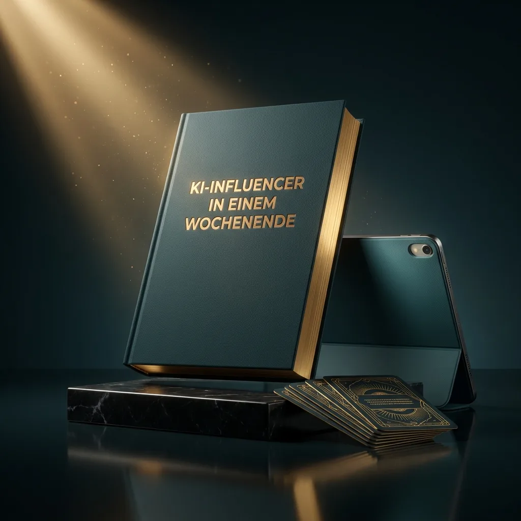 KI-Influencer in einem Wochenende: Kurs-Workbook und Tablet mit dem Petrol-Gold-Cover