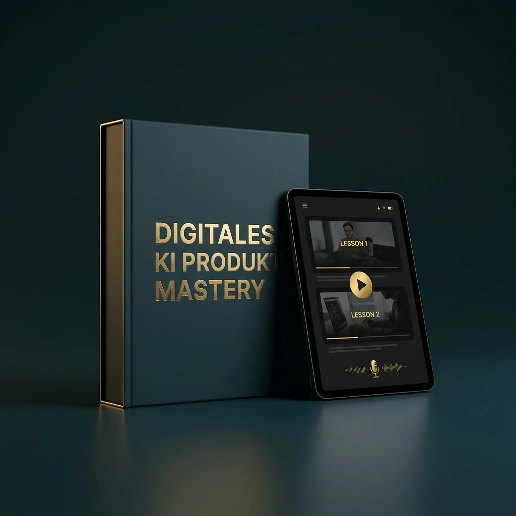 Digitales KI Produkt Mastery Mockup: Box-Set mit Goldprägung auf Dark Petrol, daneben Tablet mit Kurs-Interface