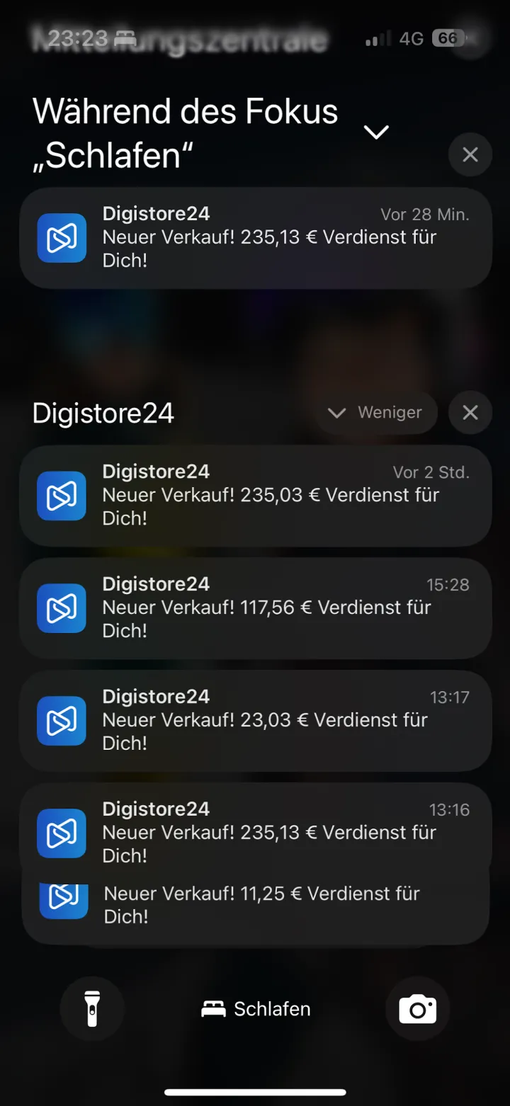 Digistore24-Verkaufsbenachrichtigungen auf dem iPhone-Sperrbildschirm im Schlaf-Fokus: mehrere Verkäufe in einer Nacht