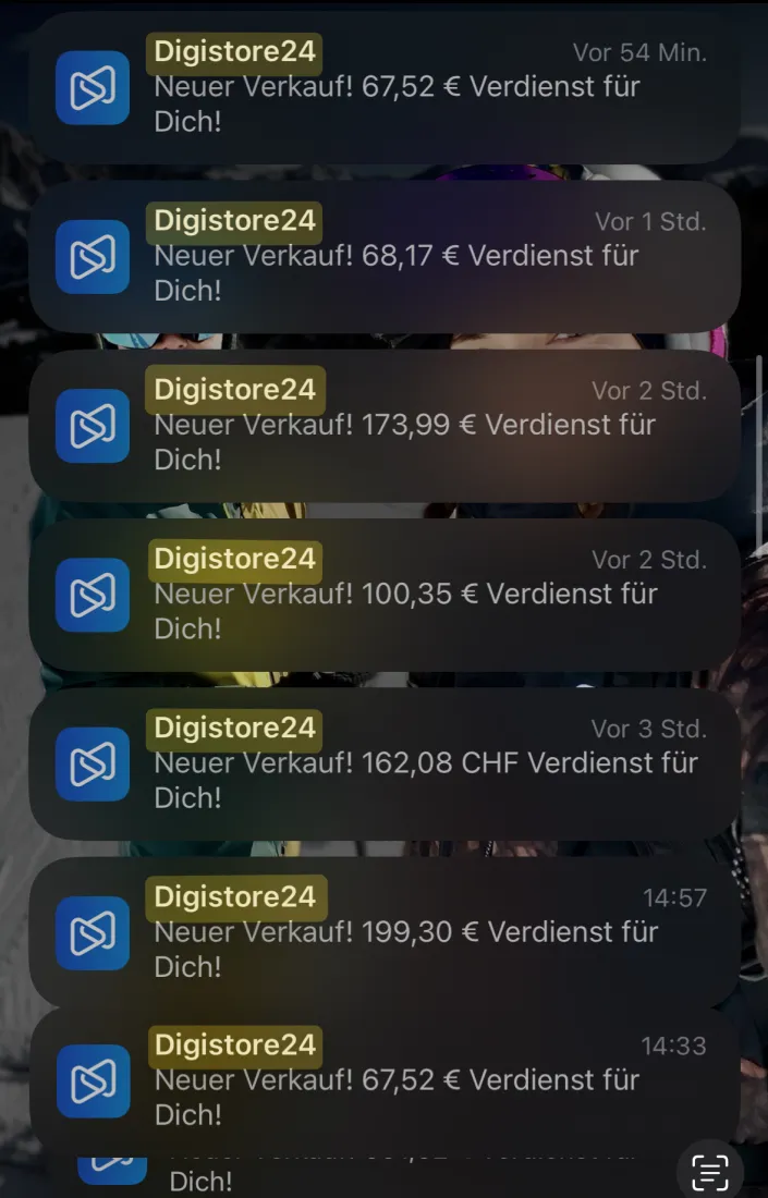 Liste mehrerer Digistore24-Verkaufsbenachrichtigungen an einem Tag, Beträge von 67,52 € bis 199,30 €
