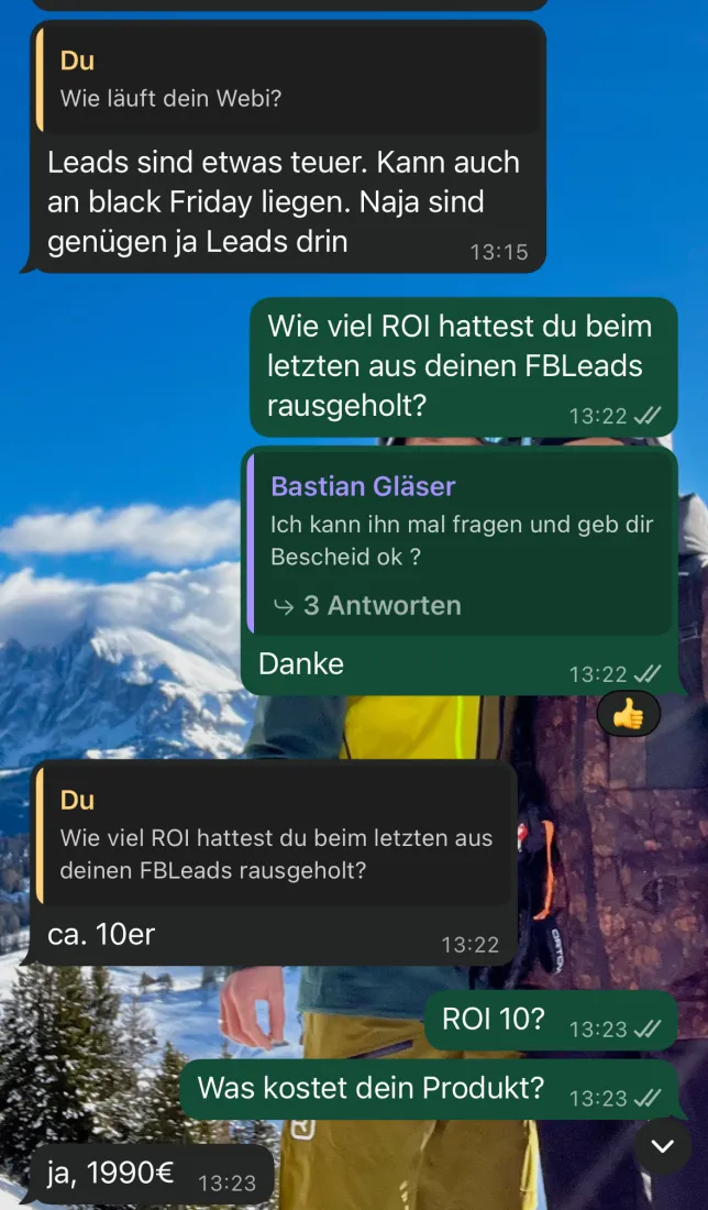 WhatsApp-Chat mit Teilnehmer Bastian Gläser über rund 10× ROI aus seinen Meta-Ads-Leads bei 1.990 € Produktpreis