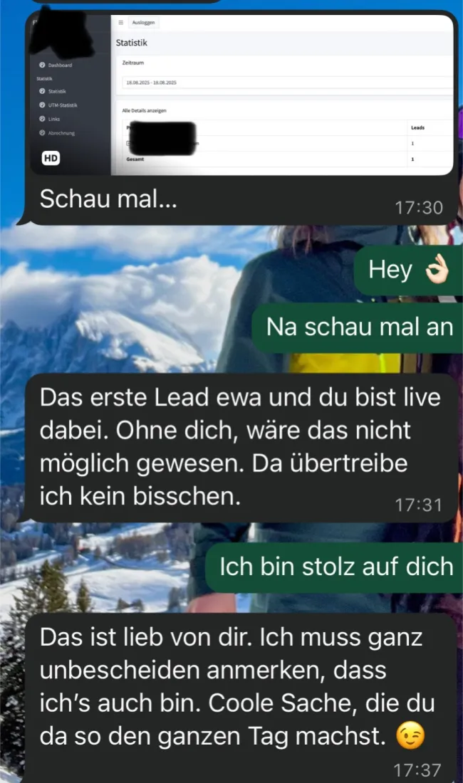 WhatsApp-Nachricht eines Teilnehmers über sein erstes Lead nach der Umsetzung
