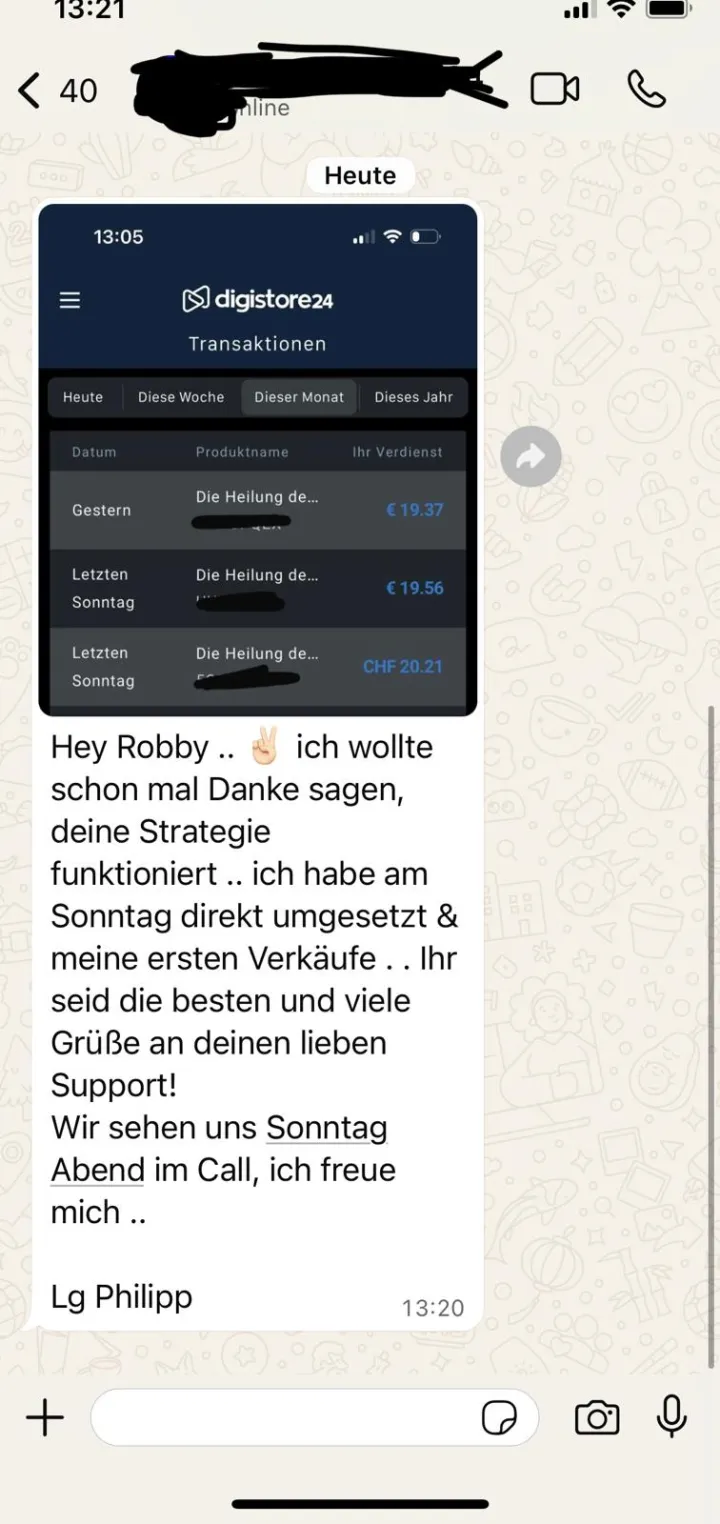 WhatsApp-Nachricht von Teilnehmer Philipp mit Digistore24-Transaktionen seiner ersten Verkäufe nach der Umsetzung
